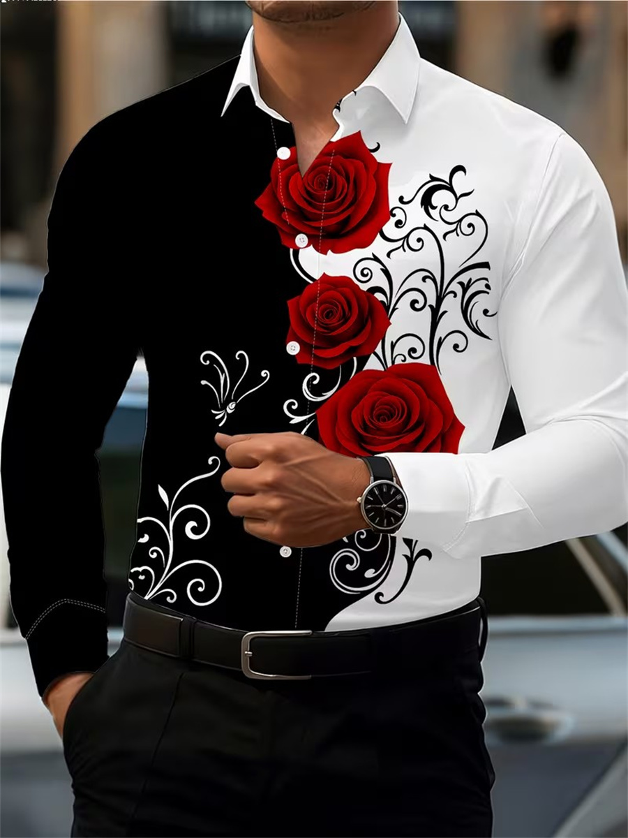 Mens Fashion Style - Men's Red Rose Print Long-Sleeve Shirt,