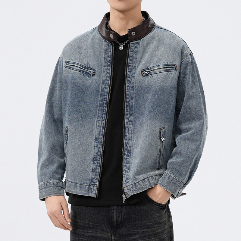 Stand Leather Collar Denim Jac - Men'S Fashion Leather Jacket ulasan dan harga