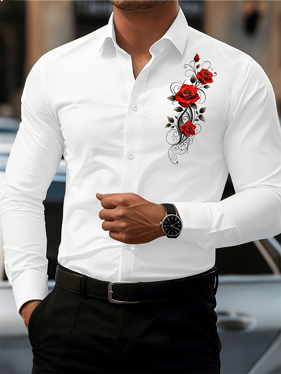 Men's Red Rose Print Long-Slee - Mens Fashion Style ulasan dan harga