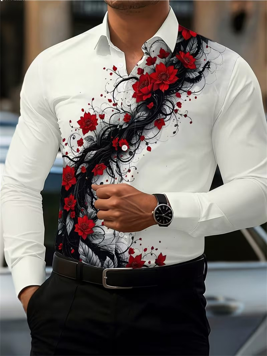 Men's Red Rose Print Long-Slee - Mens Fashion Style ulasan dan harga